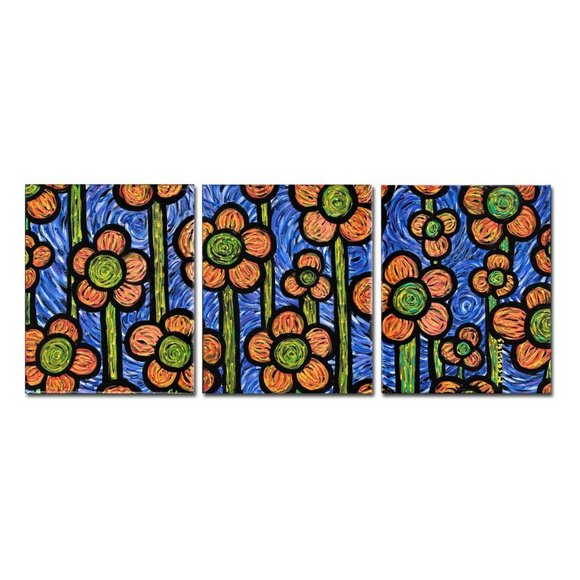 Colorful Abstract Original Painting Triptych Flowers Blue & Orange - Picture 1 of 4